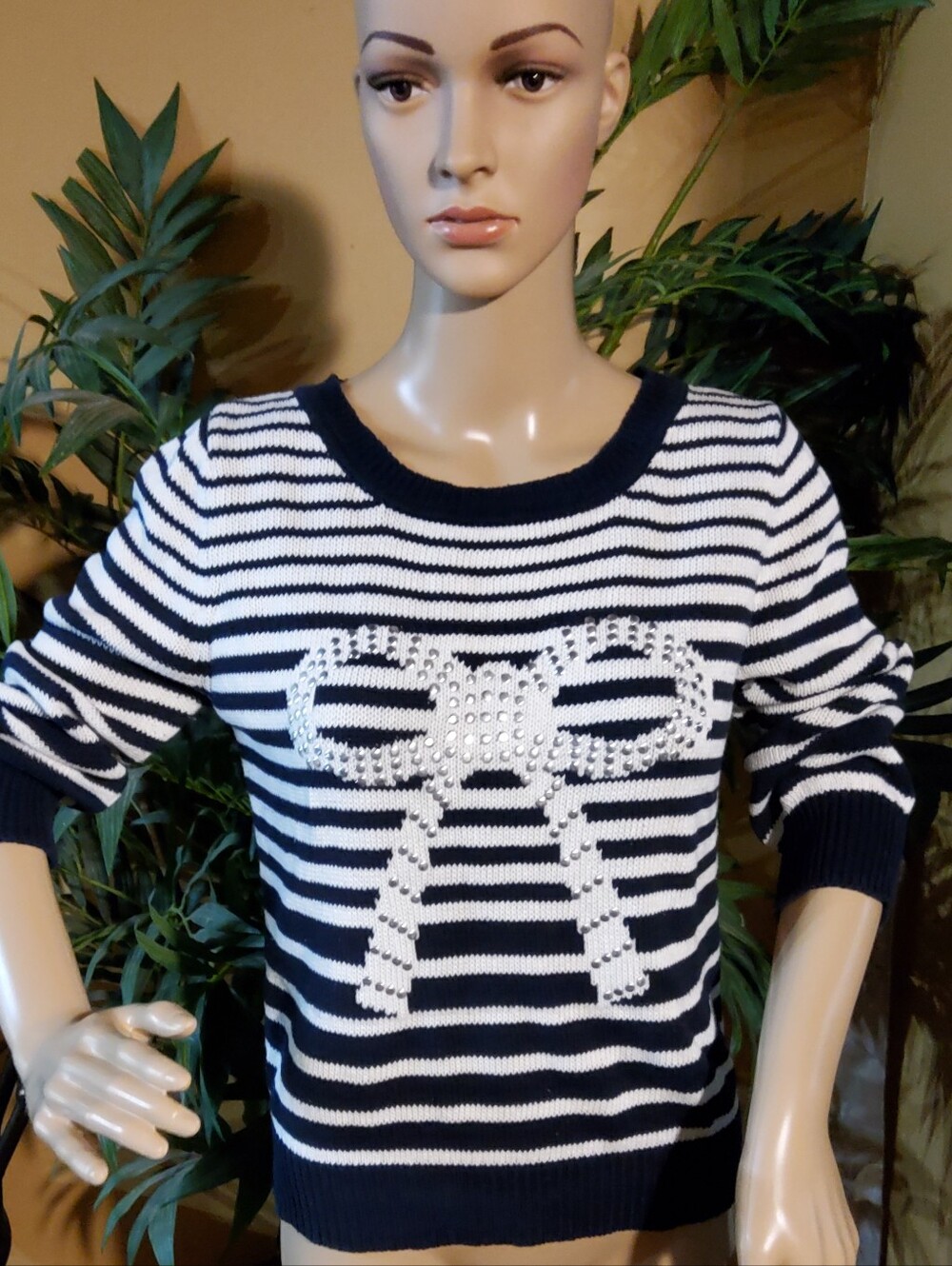 Alya Black & White Striped Crew Sweater with Rhinestone Bow Accent